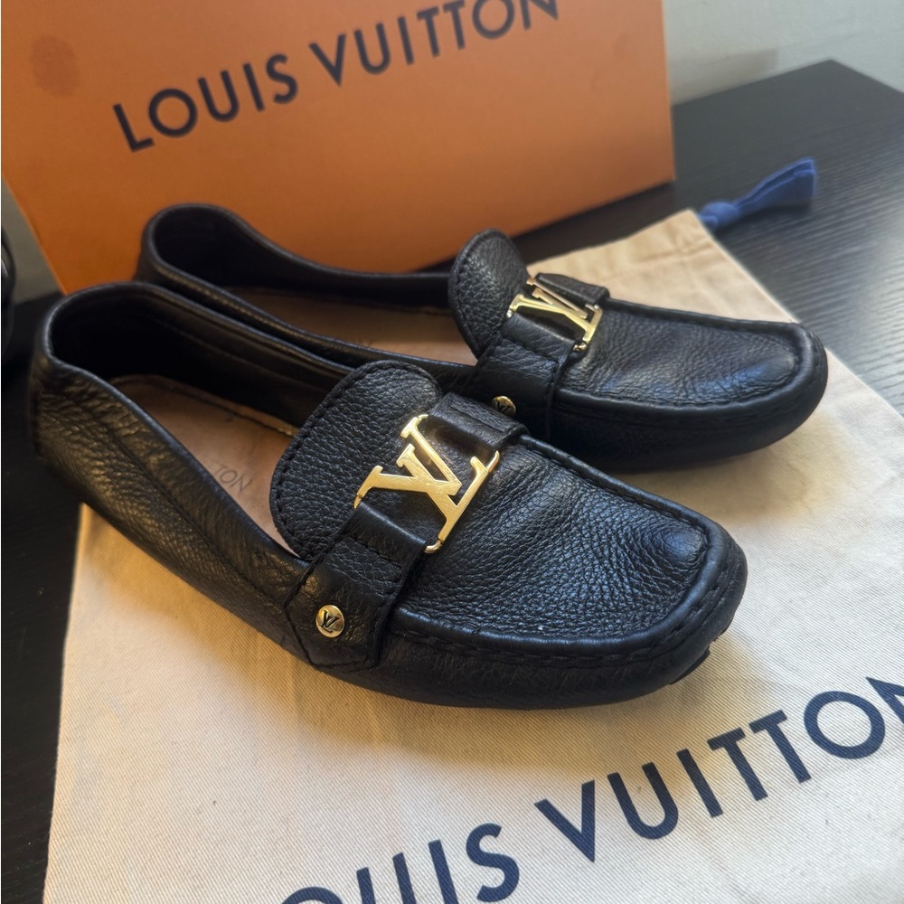 Louis Vuitton Black Loafers with Gold Logo